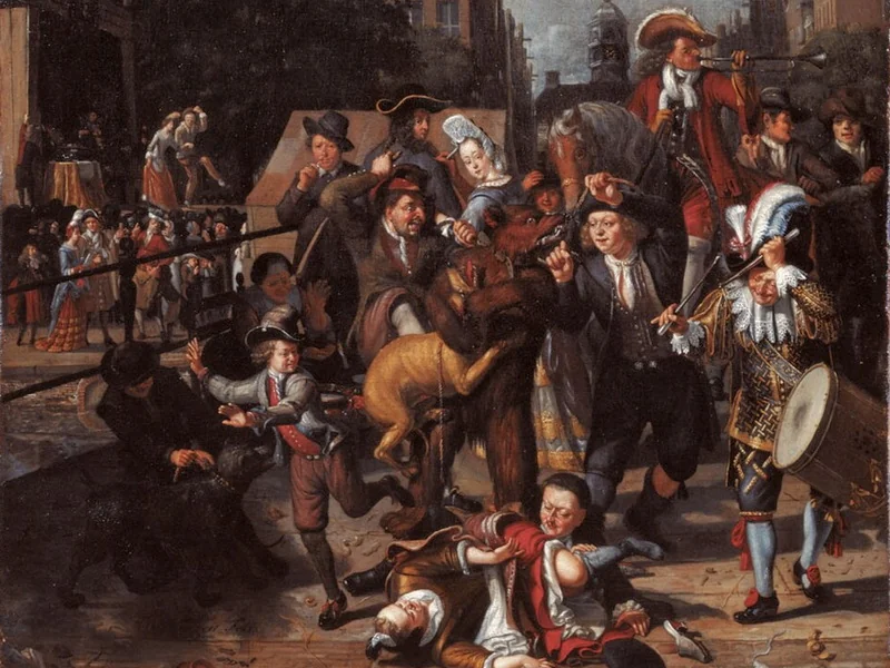 1647-Matthijs Naiveu - Scena di strada ad Amsterdam con un domatore di orsi